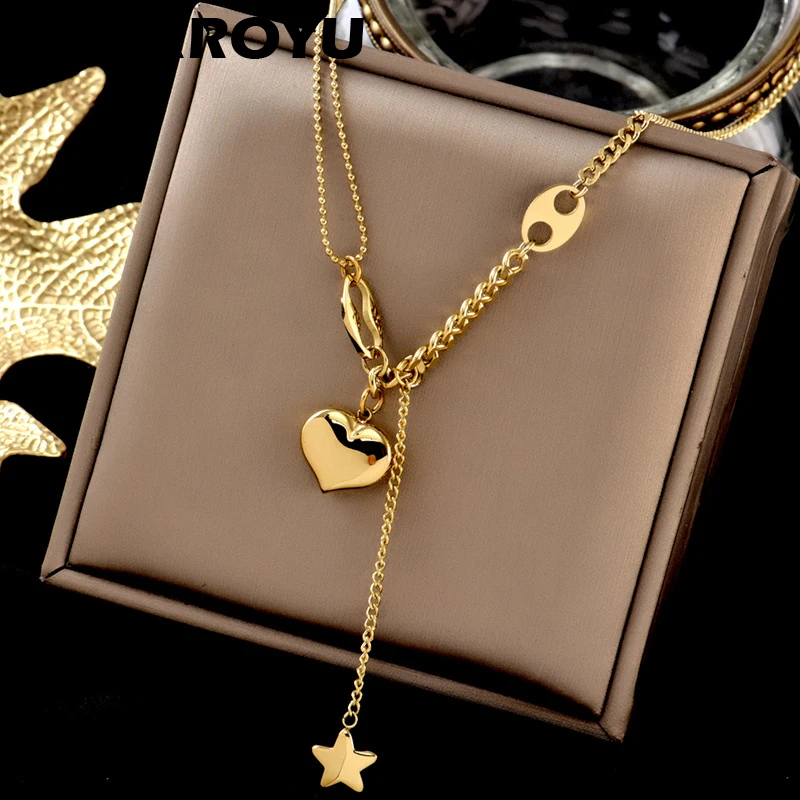 

MEYRROYU Stainless Steel New Romantic Star Tassel Heart Pendant Necklace For Women Chain 2021 Trend Party Gift Fashion Jewelry