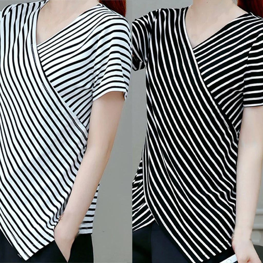 

Oversized Autumn Fashion Ladies' Short Sleeved Lrregularity Shirt With V Neck Stripe Casual Female Long sleeve Cotton Shirt