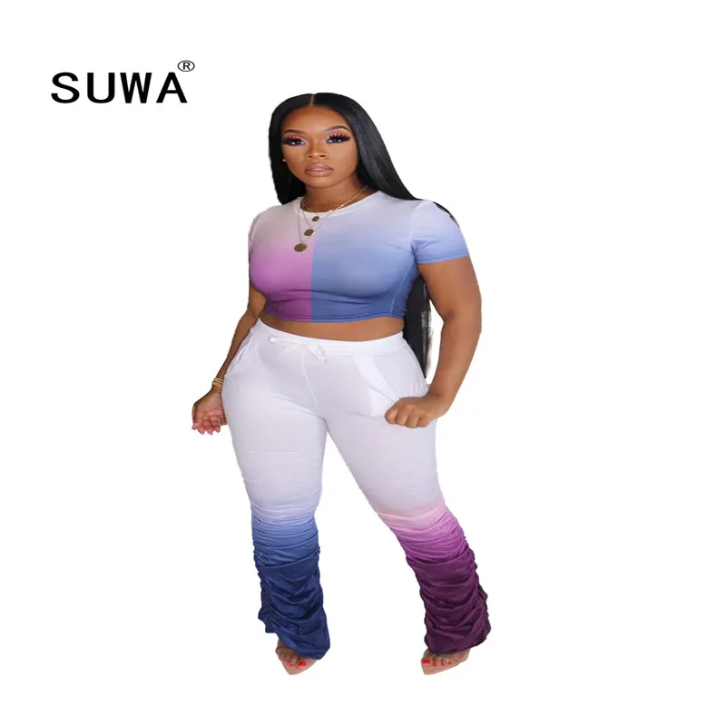 

Plus Size Two Piece Summer Outfits For Women Crop Top Sweatsuit + High Waist Ruched Stacked Harem Pants Womens Clothing Sets