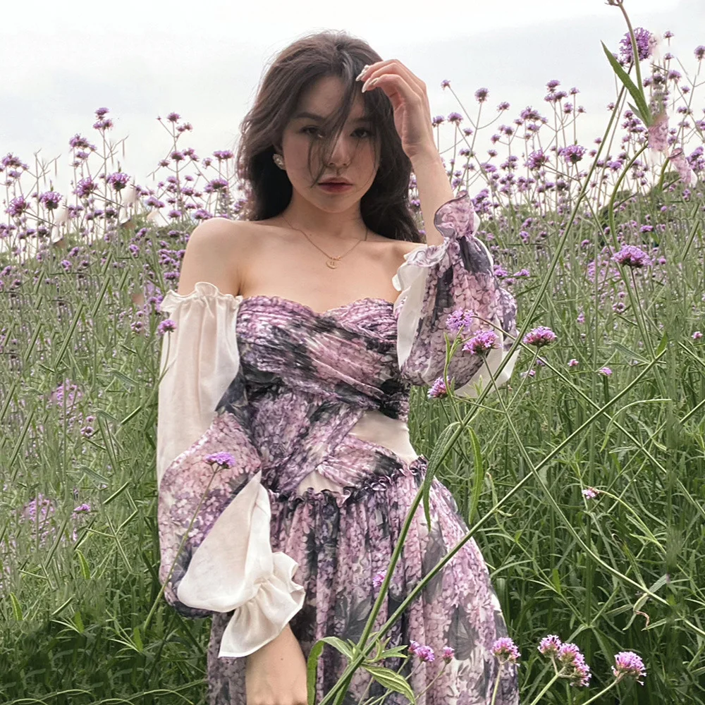 

Bohemian Dresses Women Summer Dress Sexy Strapless Purple Print Maxi Long Boho Beach Party Club Robes Vestidos Fashion Holiday