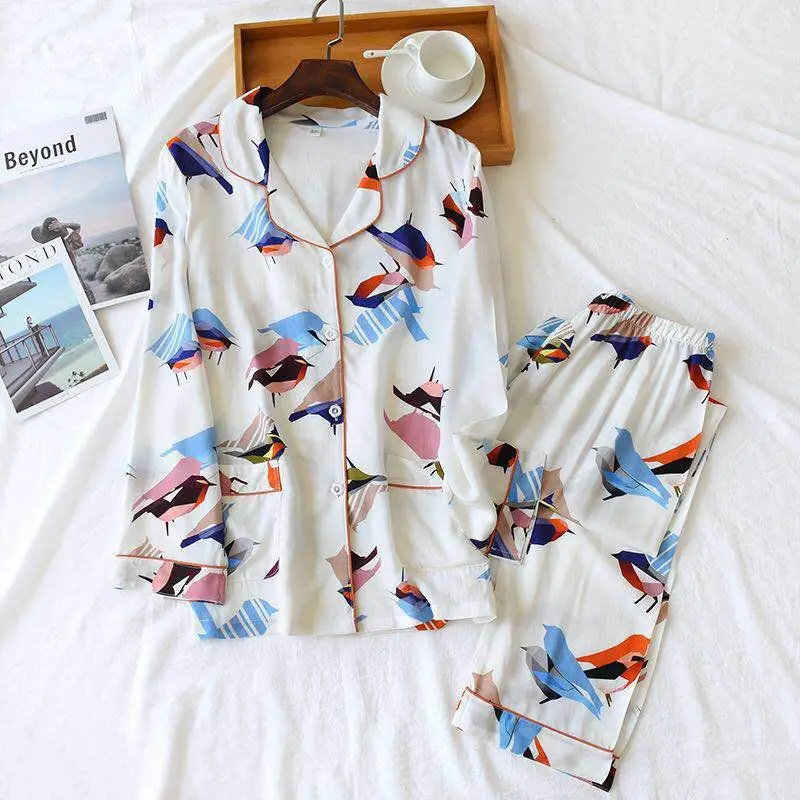 Printed Viscose Pajamas Ladies Thin Style Spring Summer Rayon Long-sleeved Home Service Suit Pajama Set Pijamas Women Sleepwear