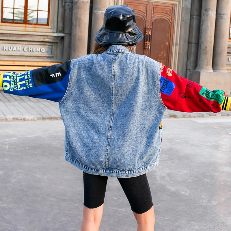 Женская джинсовая куртка с блестками Свободный комбинезон мультяшным принтом в