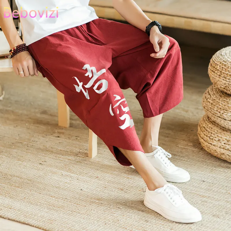 

Plus Size M-5XL New Hiphop Summer Chinese Cotton Linen Beach Loose Harem Pants for Men Gray Red Black Thai Japan Kimono Bloomers