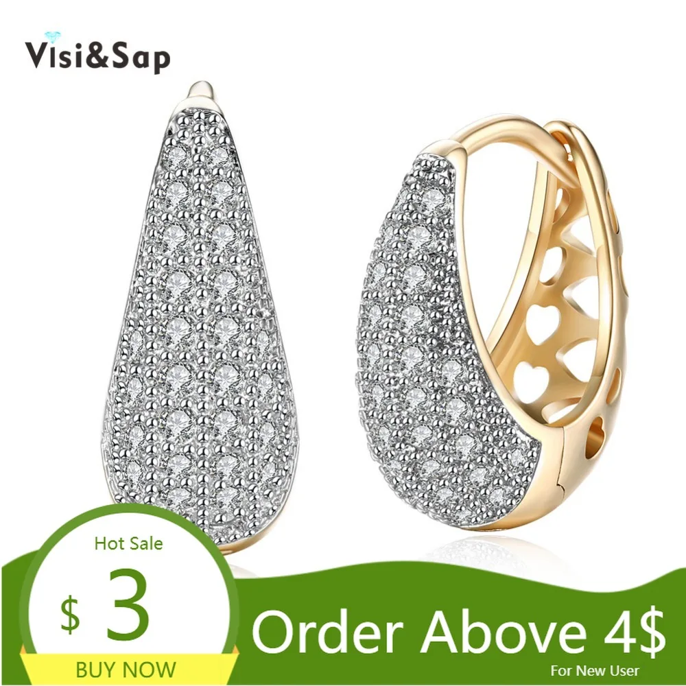 Visisap большой капли воды Форма блестящие AAA + кубический цирконий серьги кольца для