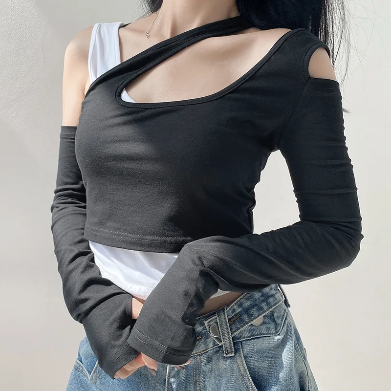 

Fake Two Pieces Womens Long Sleeve Tops Shirt Sexy Strapless Long Sleeve Tshirts New Slim Short Graphic Tees Cotton Spandex