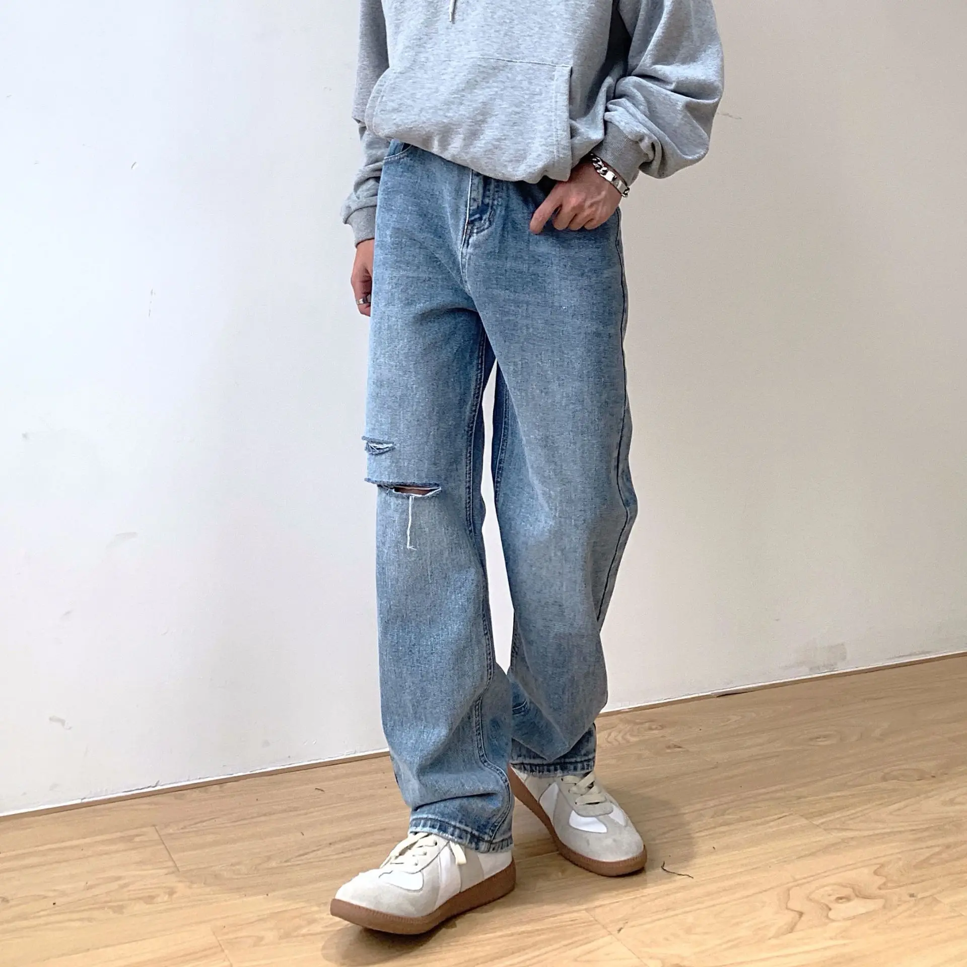 High Quality Cut Denim Men's Ripped Baggy Jeans Korean Style Straight Loose Dad Ripped Trousers Holes Cotton Male Denim Jeans