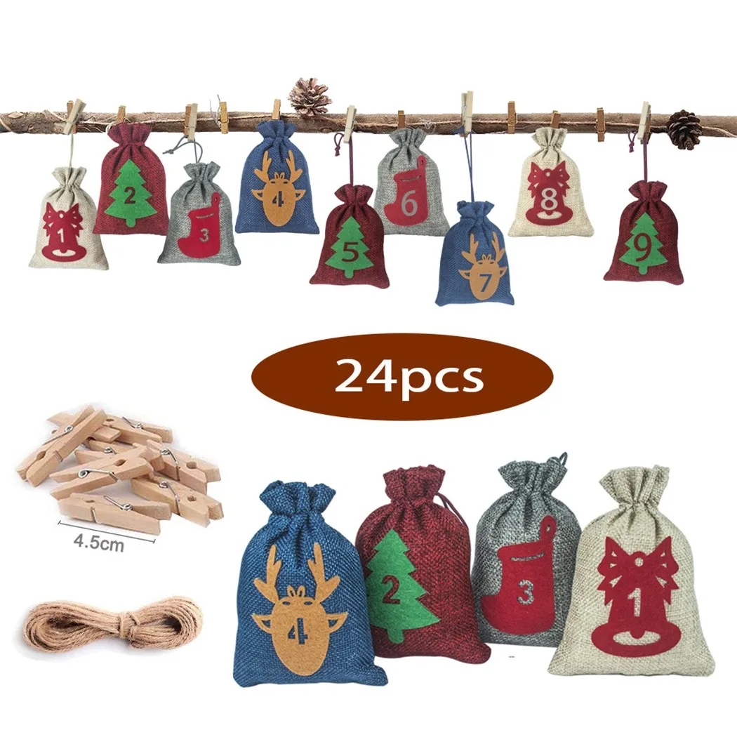 

10*14cm Christmas DIY Advent Calendar Countdown 1-24 Number Bag Candy Storage Pouch 4 Colors 2022 New Year Christma Decoration