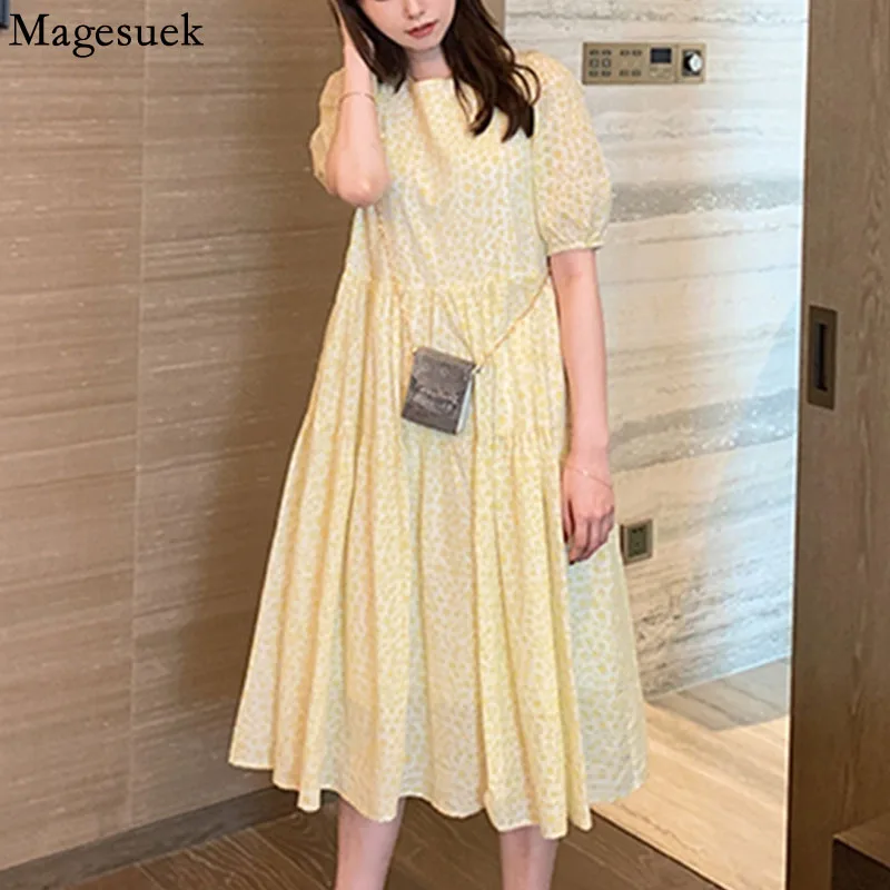 

Элегантное желтое Цветочное платье, лето 2021, женское вечернее платье до середины икры с коротким рукавом, модель 15498 в Корейском стиле