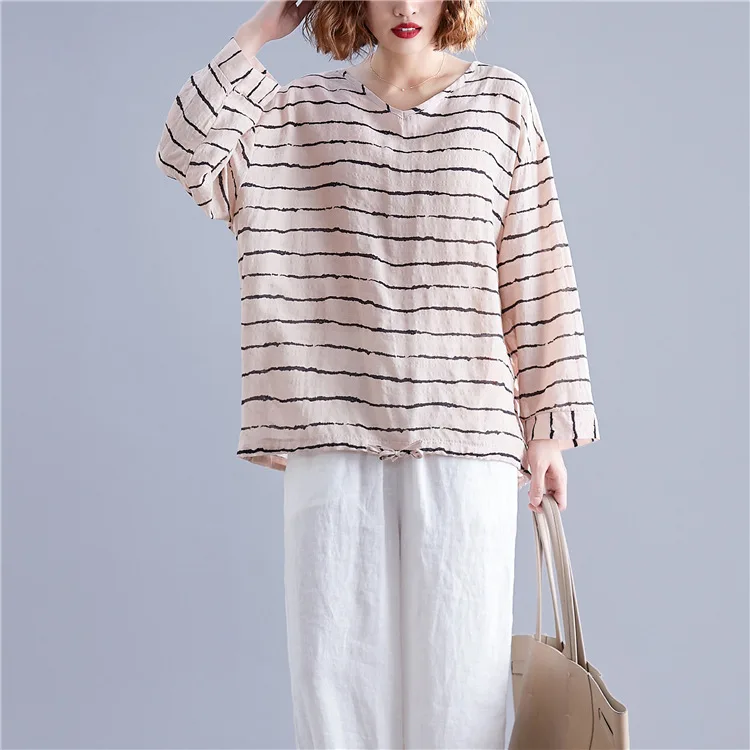 Johnature новинка корейский стиль полосатый v образный вырез длинный рукав подходит