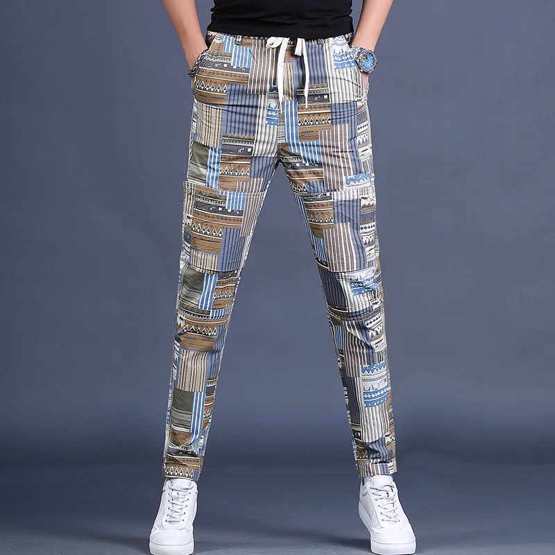 

2021 Summer Men Plaid Striped Pants Fashion Colorful Regular Straight Casual Cotton Lightweight Trousers