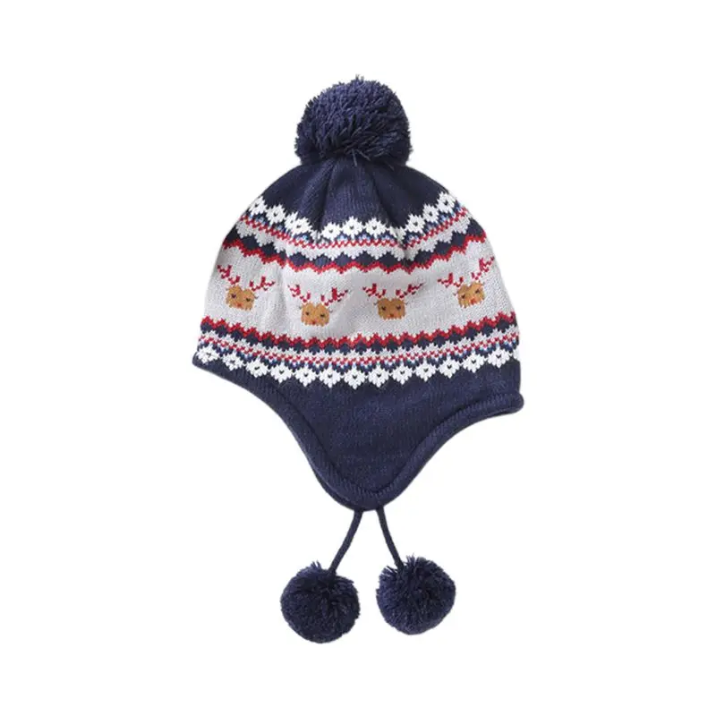 

Toddler Kids Christmas Reindeer Stripes Pompom Earflap Beanie Cap Scarf Gloves Plush Thermal Lining Winter Warmer