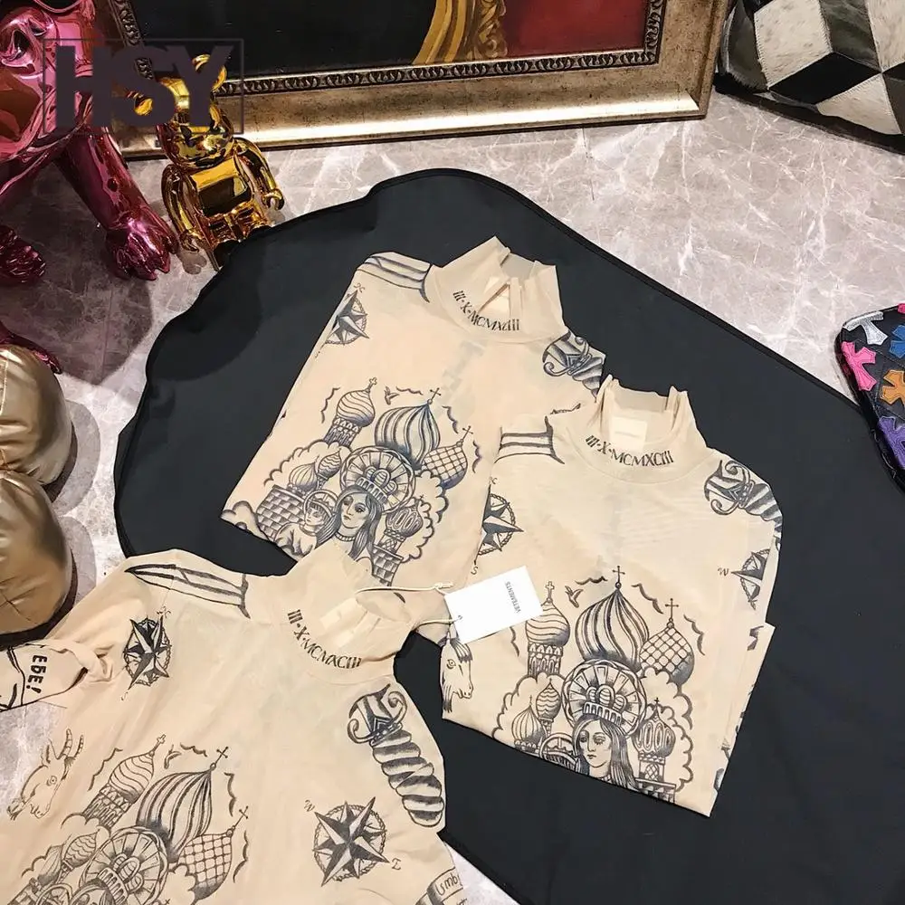 【HSY】2019 Осень Новая мода женщин базальный Топ богиня тату печати с длинным