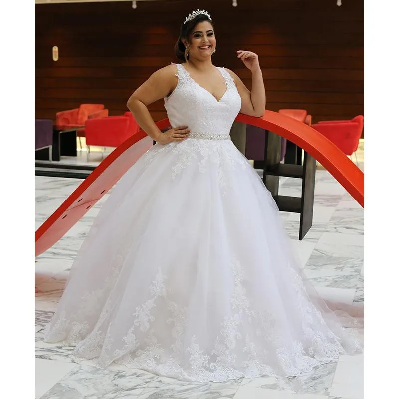 

Newly Design A-Line V Neckline Lace Wedding Dresses with Belt Plus Size Bridal Gowns Custom made