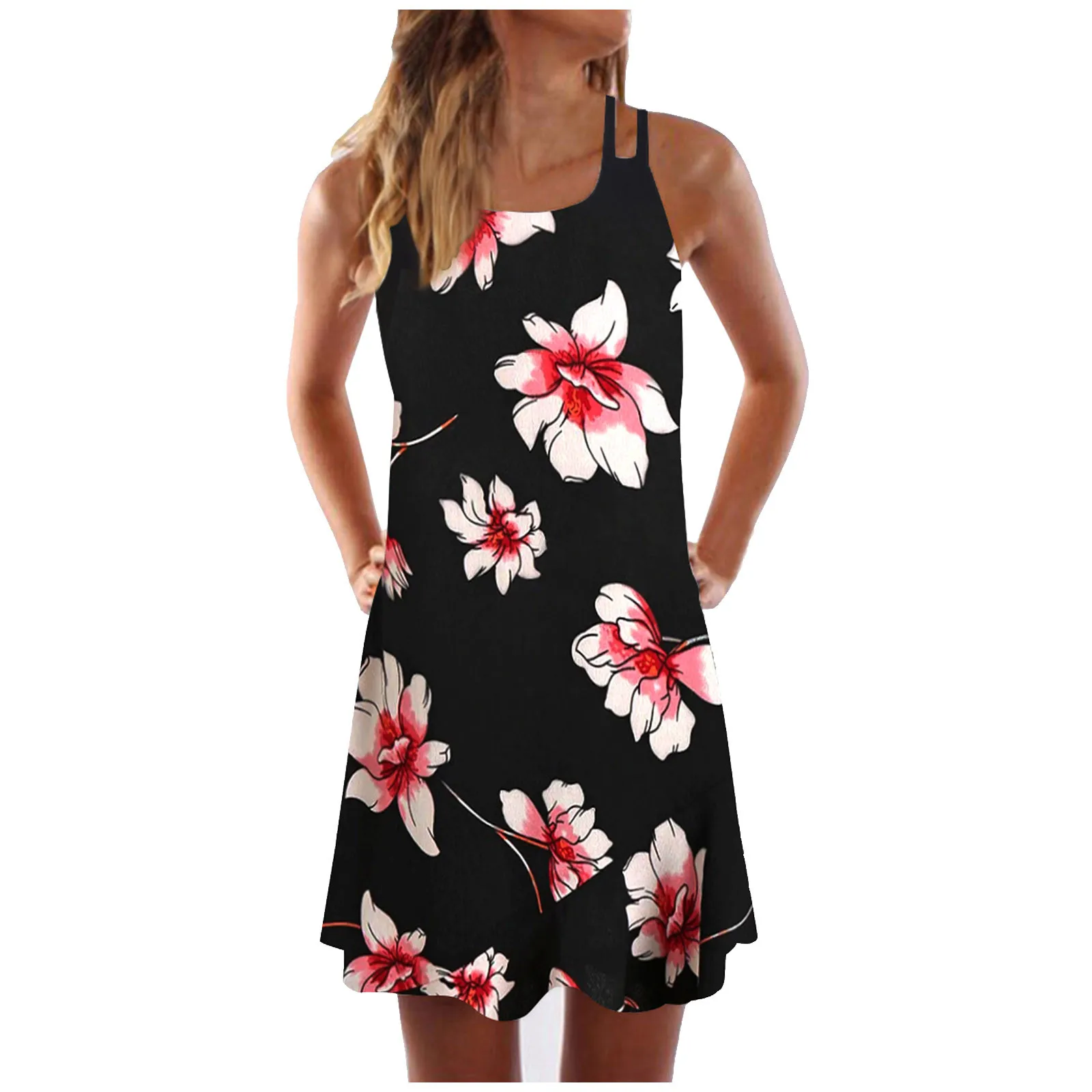 

Womens Summer Floral Print Sleeveless Dress V Neck A-Line Maxi Mini Sundress Tops