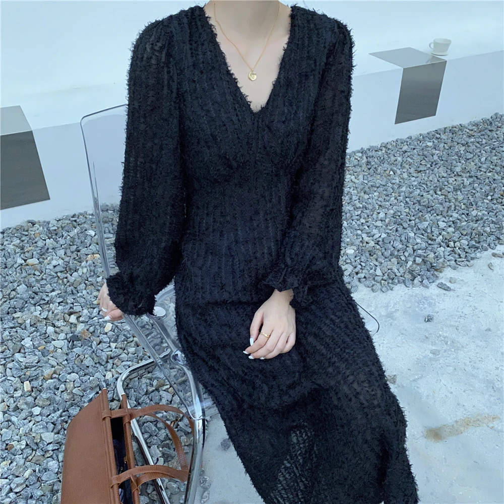 

Alien Kitty 2020 New Autumn Chiffon Dress Women Elegant Korean Style Long Sleeve Solid Sexy V-neck Party Long Dresses Vestidos