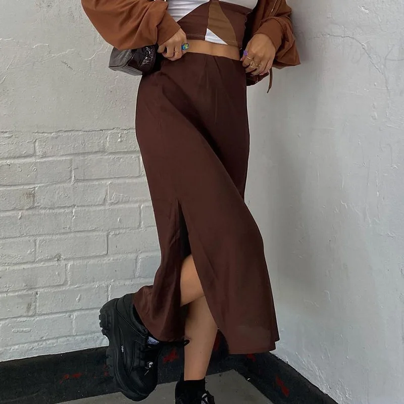 

Satin Split Skirts y2k Vintage Long Skirts Women High Waisted Summer Skirts Women Harajuku Skirts 2021 90S New Buttom