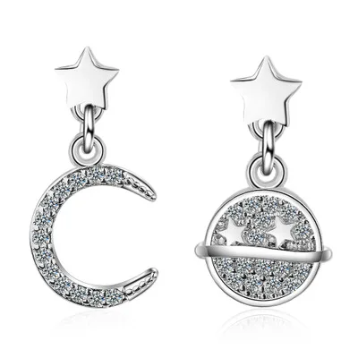 Sampanda Silver-plated Moon Planet Pentagon Star Simple Asymmetric Short Stud Earrings Fashion Jewelry For Women | Украшения и