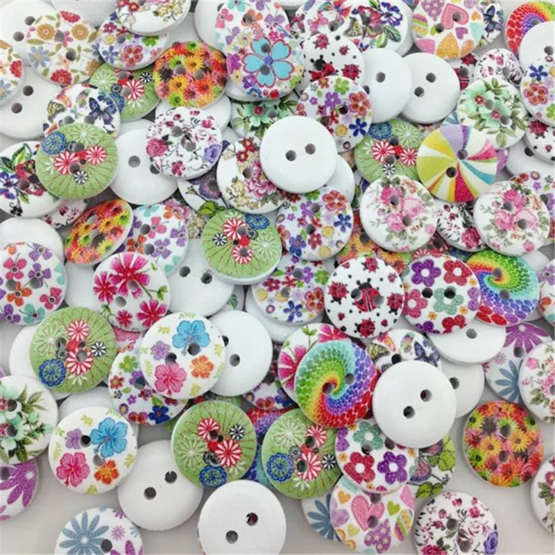 100 pcs 15mm  lovely flowers painted wooden decorative buttons garment accessories fashion quality arts handmade  WB05