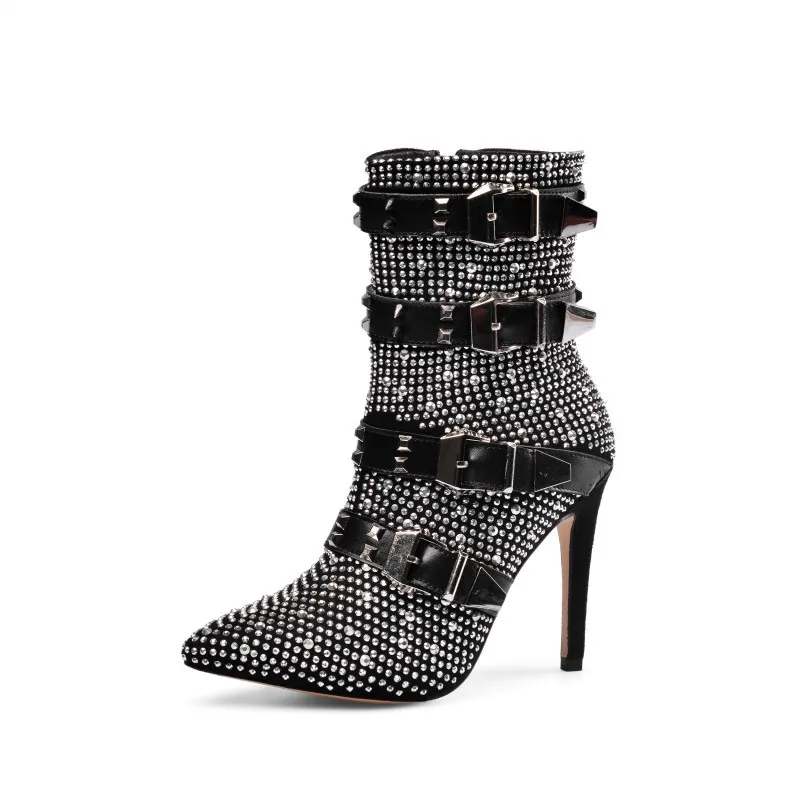 

EPHER Rock Chic Crystal Heel Boots Buckled Leather Boots Sequin Zipper Ankle Boots with Decorative Studs
