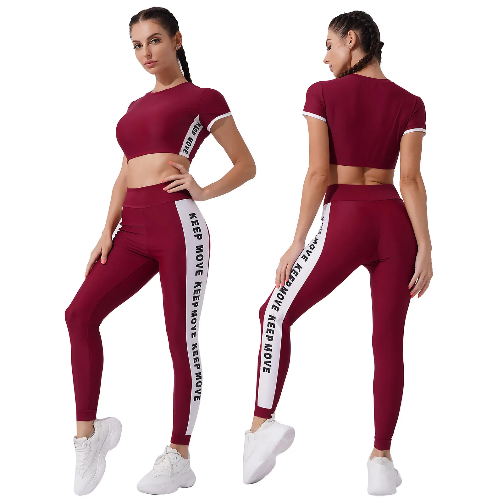 

TiaoBug Women Sport Suit Round Neck Short Sleeves Letters Print Crop Tops And High Waist Pants Set For Gym Yoga Running Workout