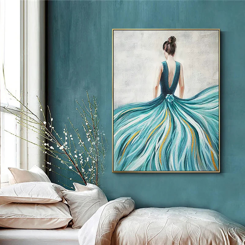 

Blue Dress Long Skirt Girl Poster Home Decor Wall Art Canvas Painting Fashion Lady Figure Print for Nordic Dormitory Picture