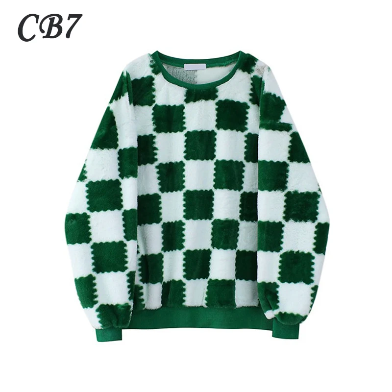 

Vintage Plaid Women Sweater Autumn Plush Thickening Fashion Long Sleeves Knitted Sweater Baggy Female Tops Pullover
