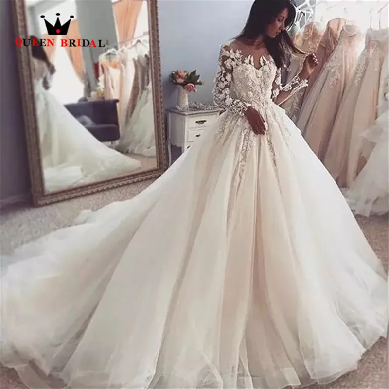 Бальное платье свадебное пышные с длинным рукавом тюлевые кружевные аппликации