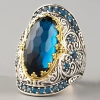 2020 new women elegant blue big rhinestone crystal ring men vintage luxury wedding engagement rings bohemian jewelry