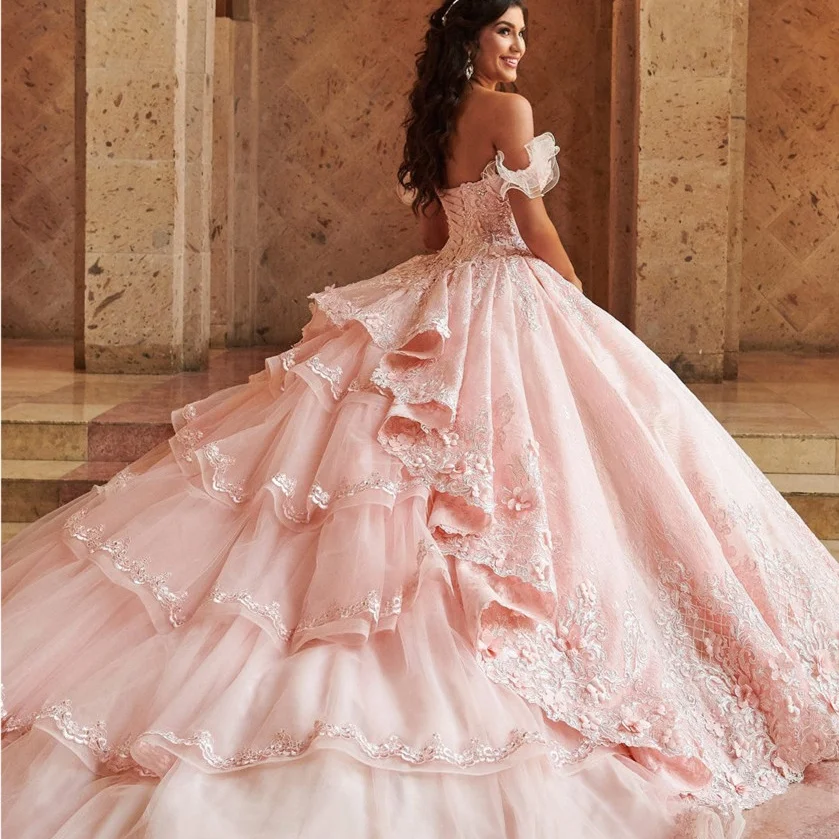 

Роскошное Розовое Бальное платье принцессы, платья для Quinceanera, кружевное цветочное женское платье для маскарада 15
