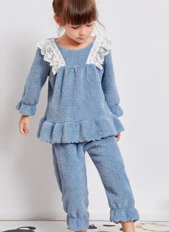 

Пижама из двух частей для девочек, детский однотонный пуловер с кружевом и оборками, штаны с эластичным поясом для детей