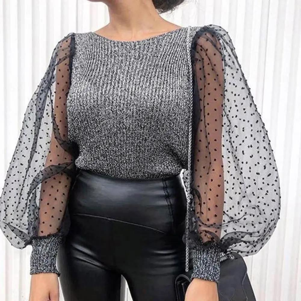 2019 модная женская блузка рубашка перспективная сетчатая с пышными рукавами