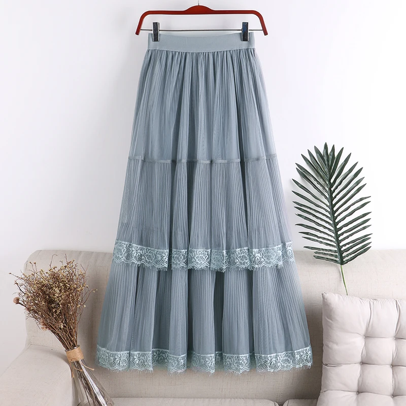 

Spring New 2020 Women Sweet Multi-layer Mesh Lace Stitching A-line Skirt Women's High Waist Skirts Elegant Party Skirt