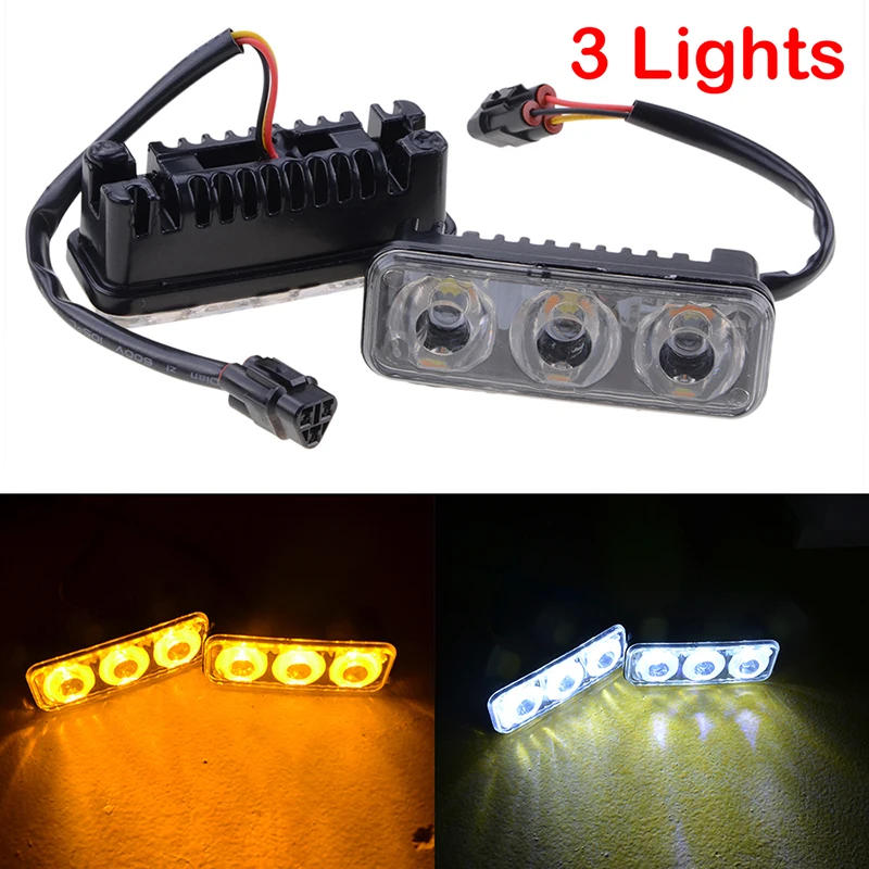 

2Pcs 3LED DRL Daytime Running Lights Amber Turn Signal Indicator DC 12V 9W Universal Fit Fog lights Waterproof Aluminum