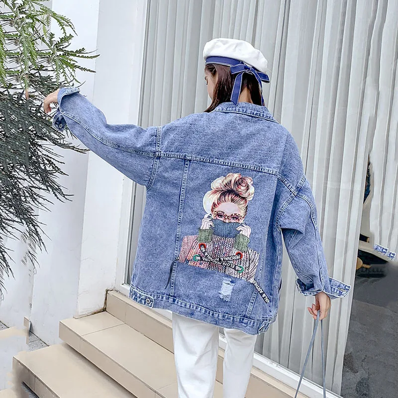 

Женская джинсовая куртка оверсайз с принтом, Повседневная шикарная куртка с длинным рукавом, пальто в Корейском стиле для весны и осени, 2021