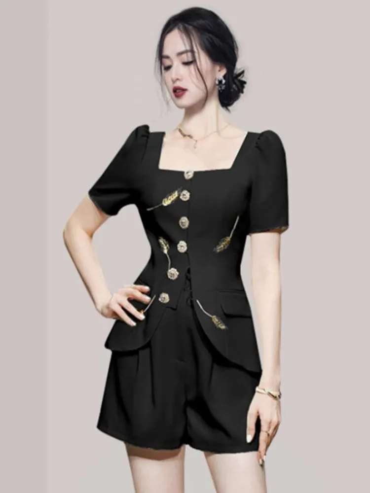 

ZAWFL Vintage Double Button Short Suit Elegant 2 Piece Set Women Solid Office Tracksuit Jacket Blazer + Fashion Hot Mini Shorts