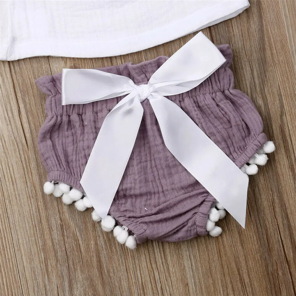 

Emmababy 3PCS Newborn Infant Baby Girls Solid Clothes Ruffle Tassel Tops Bow Shorts Headband Summer Cotton Linen Outfit Set