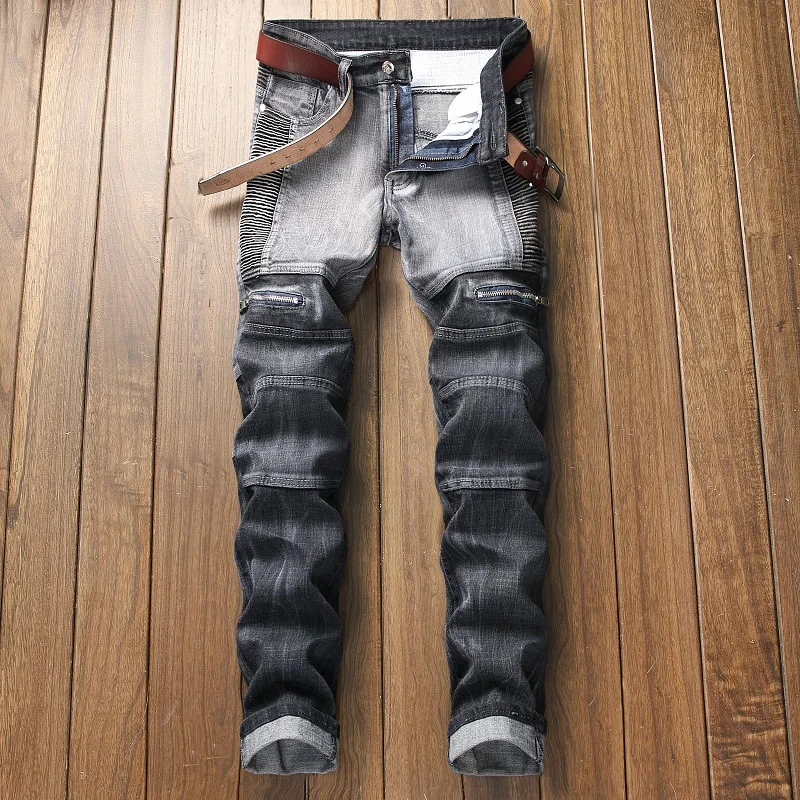

Jeans men's street fashion brand motorcycle men's personality wrinkled slim stretch tide jeans Men's pants
