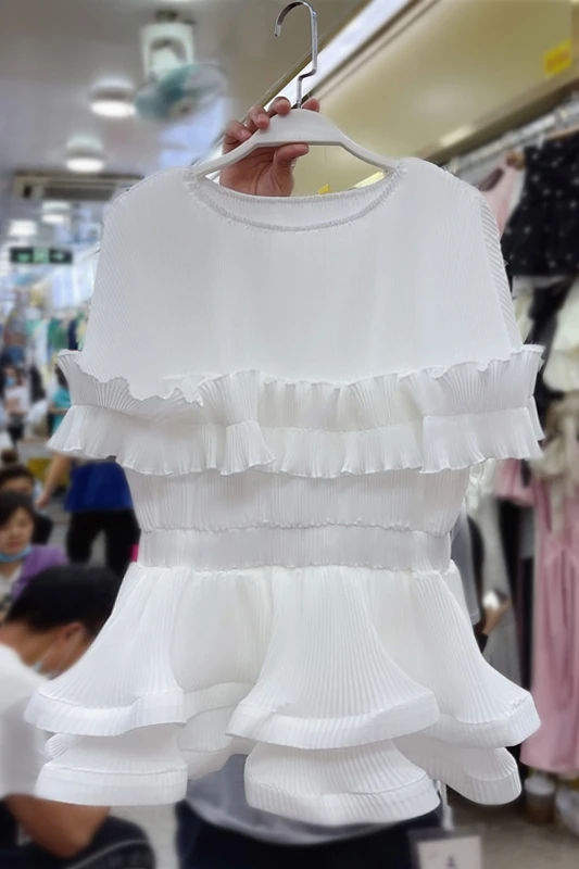 

Summer Fashionable Round Neck Ruffled Waist Slimming Blouses Women's Short Sleeve Chiffon Top Fashion Female Korean Shirt