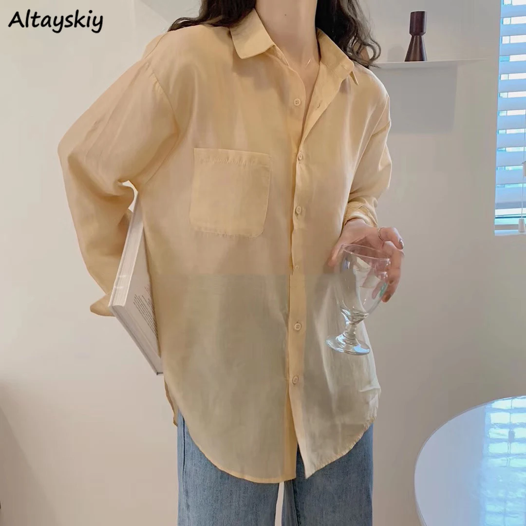 

Long Sleeve Chiffon Blouses Women Loose Straight Casual Sun Protection Thin Solid Cozy Shirts Girl All-match Korean Style Summer