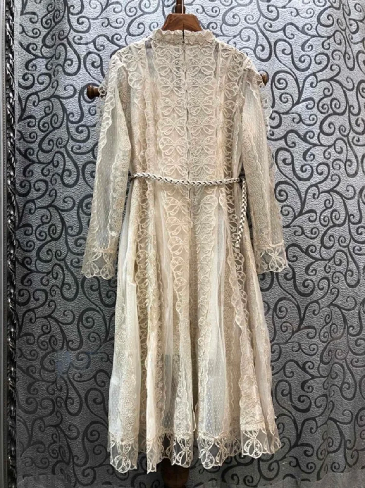 

Lace Top Quality Dress 2021 Spring Party Evening Women Butterfly Embroidery Belt Deco Long Sleeve Lace Sexy Club Dress Gorgeous