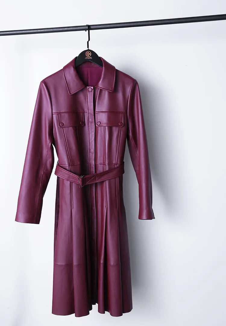 Spring Autumn France Style Women's High Quality Sheepskin Belt Trench Coat Genuine Leather Overcoat F052