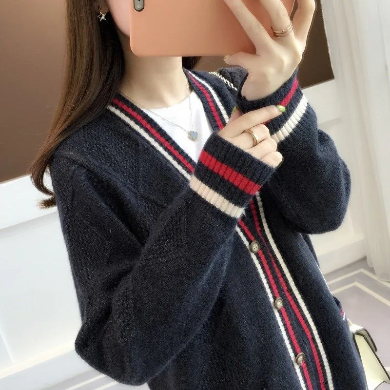 

2019 Women Cardigans Sweater V neck Solid Loose Knitwear Stripe Patchwork Casual Knit Cardigan Outwear Winter Jacket Coat