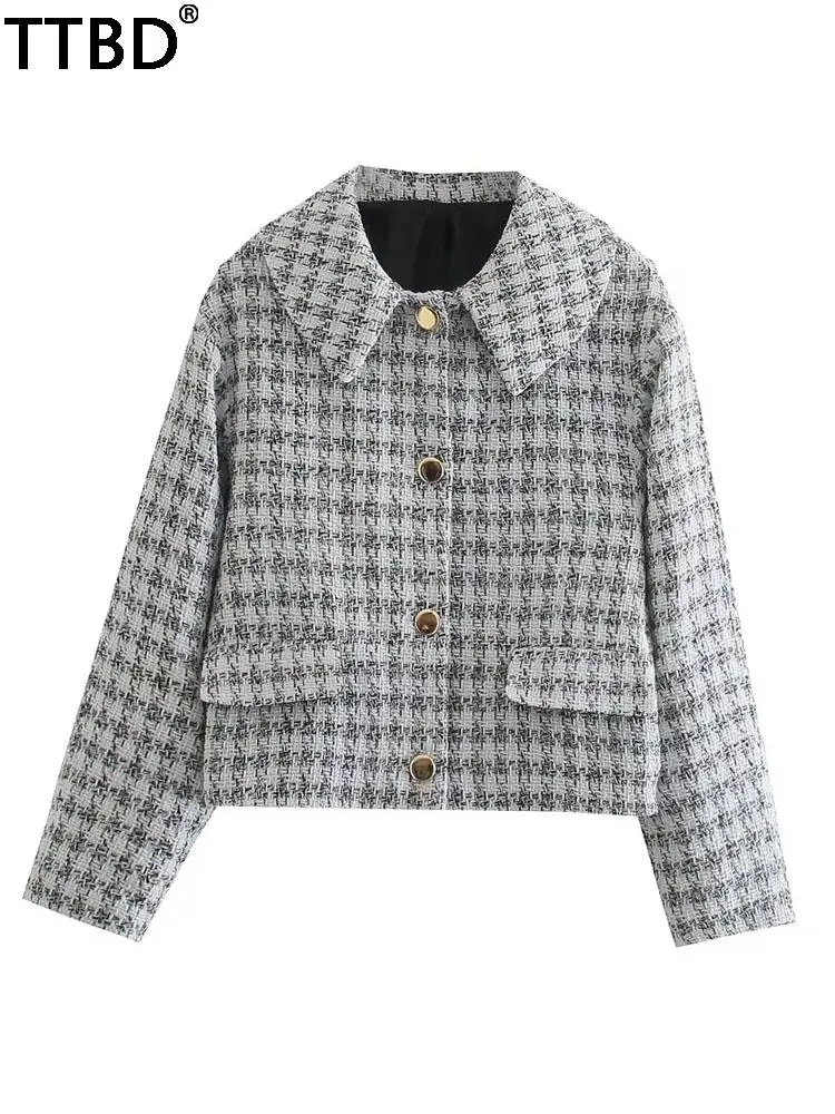 

TTBD fashion with pocket tweed jacket coat vintage long sleeve female outerwear chic overshirt winter clothes women 2021 New