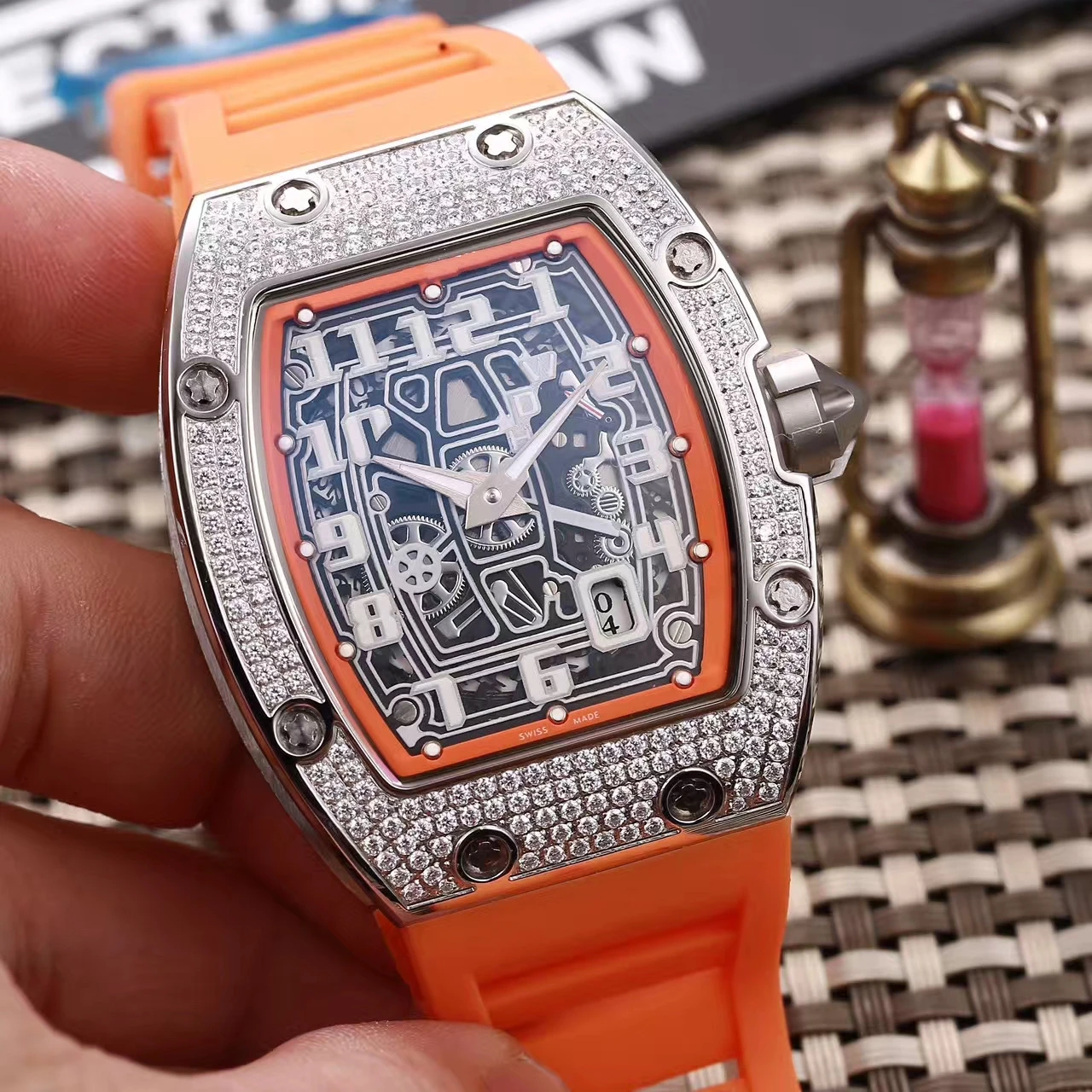 

Luxury Brand New Mens Date Full Iced Diamonds Skeleton Automatic Mechanical Watches Black Red Blue Rubber Richard Watch AAA+