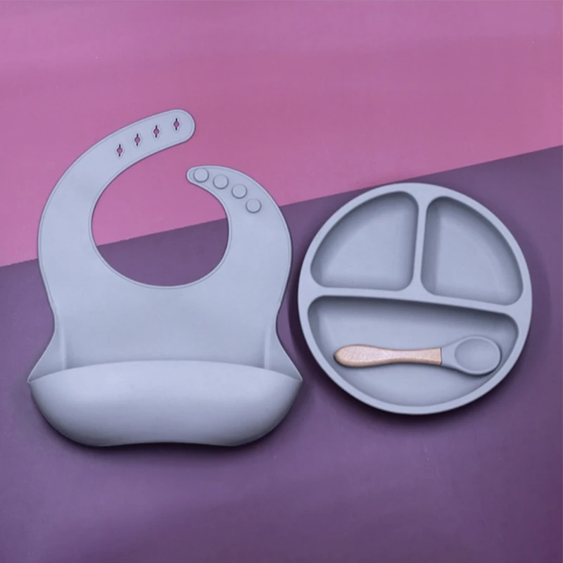 

New 3 Pcs/Set Baby Training Feeding Food Bowl Spoon Bibs Set Anti Slip Silicone Suction Divided Plate Tray Utensil BPA-Free for