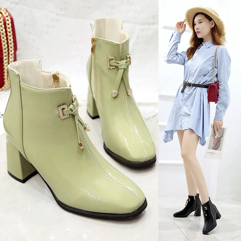 Резиновые ботинки на молнии сбоку осень 2019 года женская обувь высоком квадратном