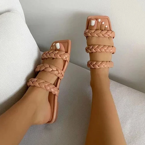 

2021 Women Weave Square Toe Slippers Woman Summer Beach Flats Female Solid Slides Casual Shoes Ladies Footwear Big Size 35-43