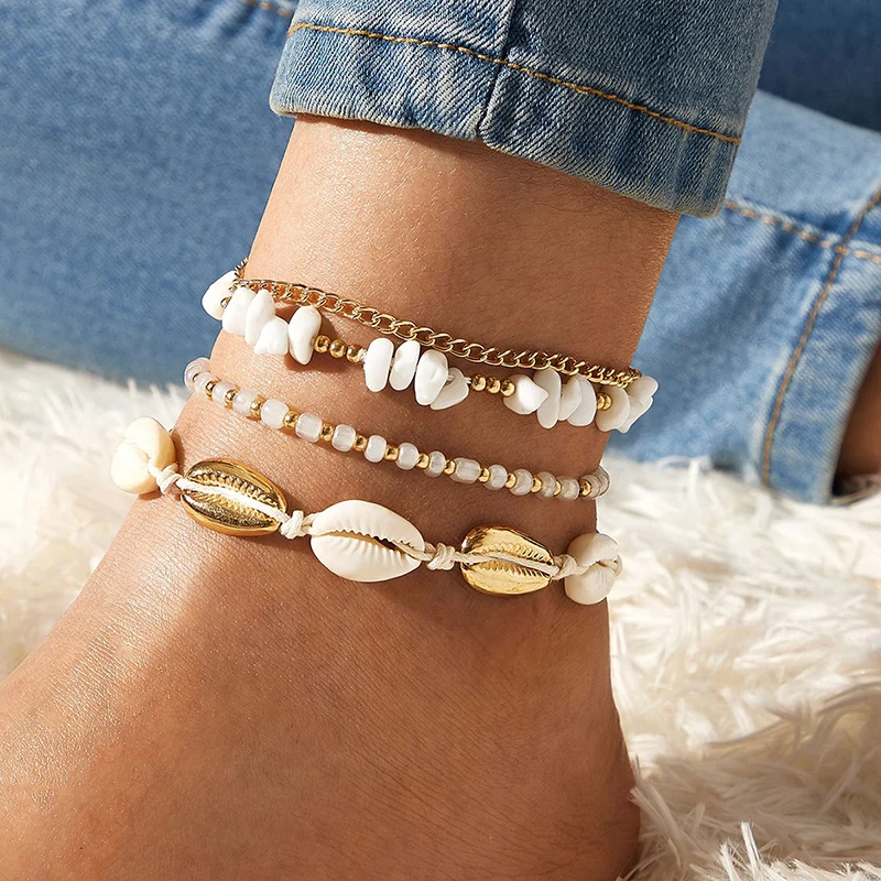 

docona Boho Handmade Shell Seed Beads Anklet Set for Women Multilayer Broken Stones Summer Ocean Beach Foot Chains Jewelry 9426