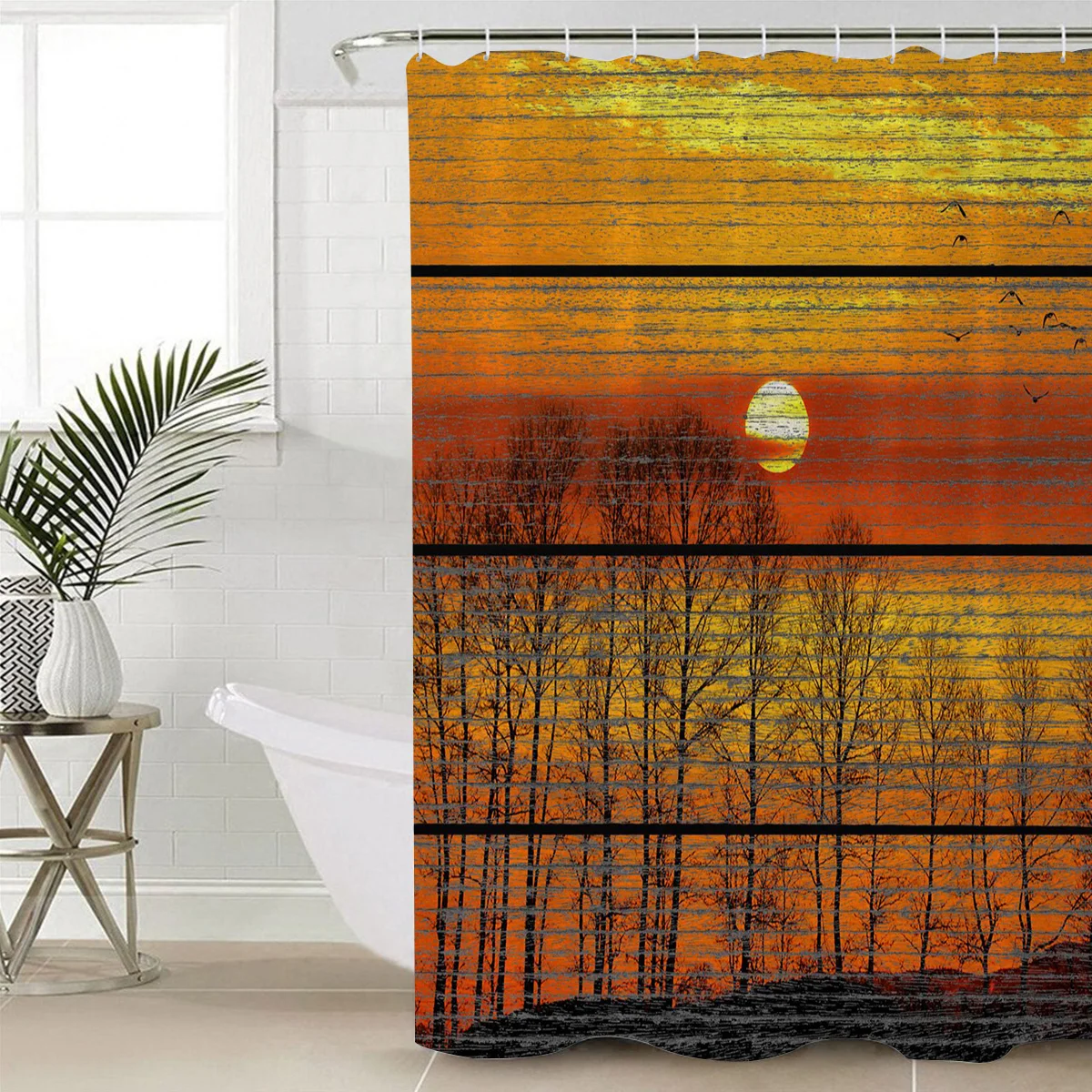 Waterproof Curtain Wood Grain Effect Sunset Trees Birds Fabric Shower Home Bathroom Decor | Дом и сад