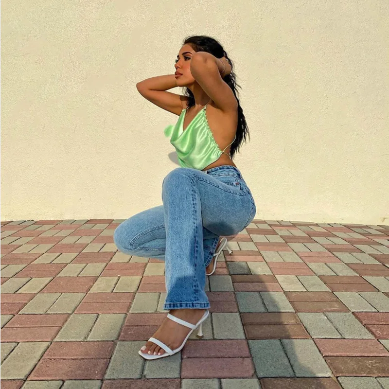 Женский Атласный топ без рукавов Летний Шелковый с бретелькой через шею